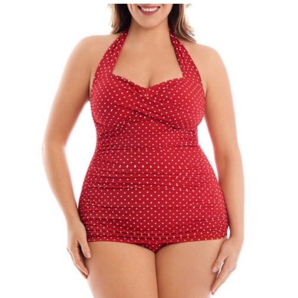 Catalina Suddenly Slim Ruched Retro Pin Up Red Polka Dot Halter Swimsuit 2X